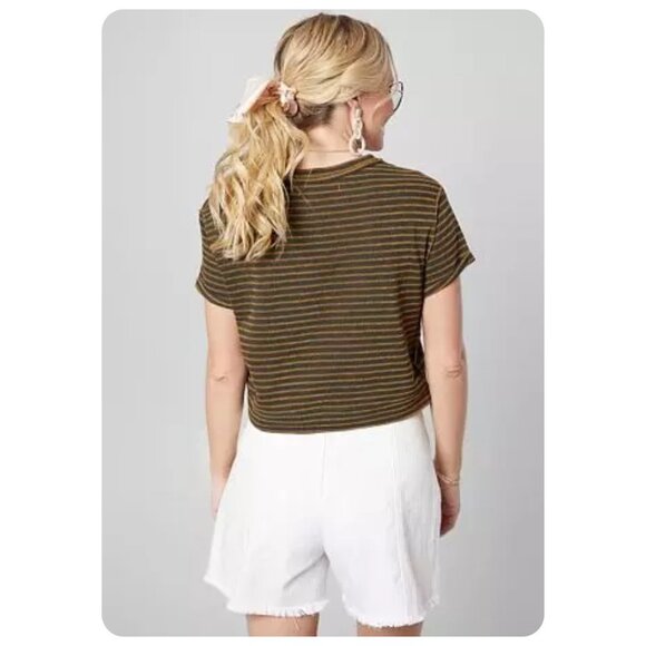 * We The Free People Sabrina Army Combo Stripe Short Sleeve Shirt sz S - Picture 2 of 7